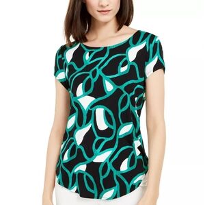 Alfani Womens Green Printed Short Sleeve Scoop Neck Top Petites SIZE PS